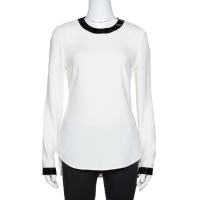 Pre-owned Ralph Lauren Off White Crepe Contrast Leather Trim Blouse S
