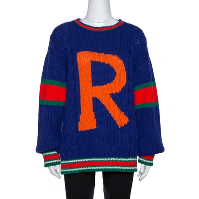 Pre-owned Gucci Blue Wool Cable Knit Letter 'r' Diy Unisex Sweater M