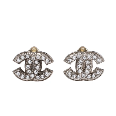 Pre-owned Chanel Silver Tone Crystal Cc Clip-on Stud Earrings
