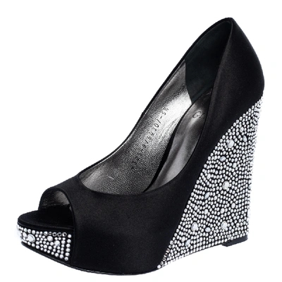 Pre-owned Gina Black Satin Belle Crystal Embellished Wedge Peep Toe Platform Pumps Size 38.5