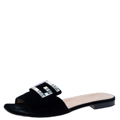 Pre-owned Gucci Black Velvet Crystal G Slide Sandals Size 40