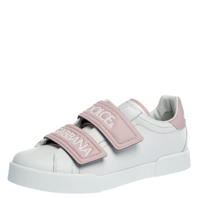 Pre-owned Dolce & Gabbana White/pink Leather Logo Velcro Straps Sneakers Size 40.5