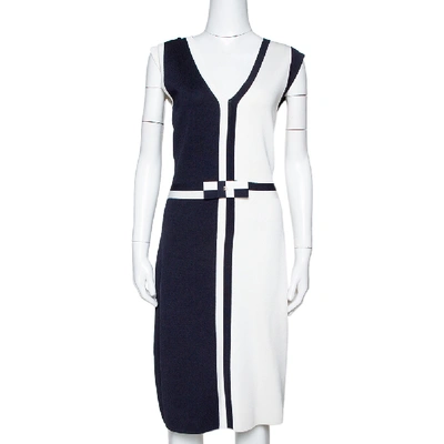 Pre-owned Ch Carolina Herrera Color Block Knit Bow Detail Sheath Dress M In Navy Blue