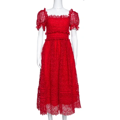 Pre-owned Self-portrait Red Hibiscus Guipure Lace Short Sleeve Dress S