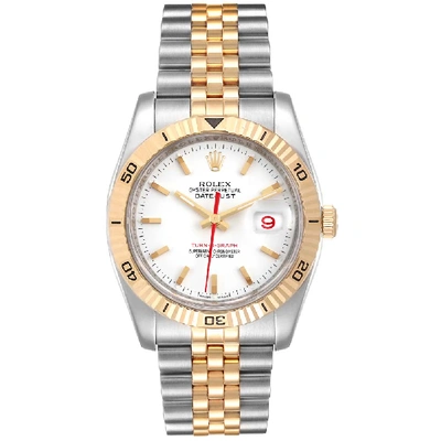 Pre-owned Rolex White 18k Yellow Gold And Stainless Steel Datejust Turnograph 116263 Men's Wristwatch 36 Mm