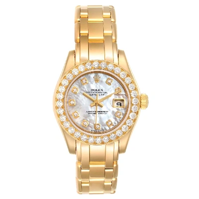 Pre-owned Rolex Mop Diamonds 18k Yellow Gold Pearlmaster 80298 Women's Wristwatch 29 Mm In White