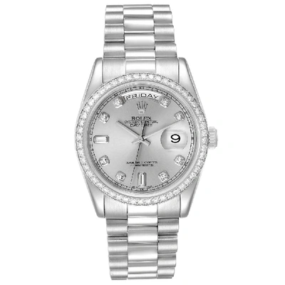 Pre-owned Rolex Silver Diamonds Platinum President Day-date 118346 Men's Wristwatch 36 Mm
