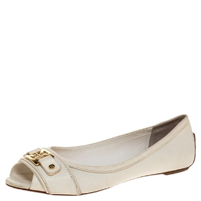 Pre-owned Tory Burch White Leather Cline Peep Toe Ballet Flats Size 37.5