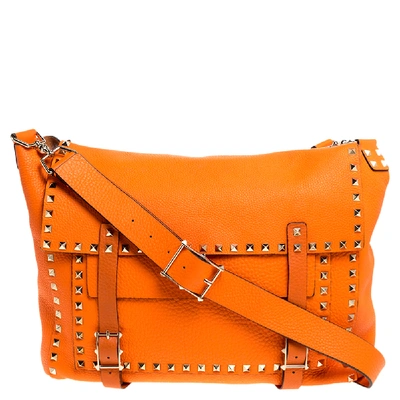 Pre-owned Valentino Garavani Neon Orange Leather Rockstud Messenger Bag