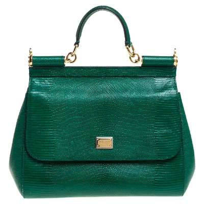 Pre-owned Dolce & Gabbana Green Lizard Embossed Leather Medium Miss Sicily Top Handle Bag