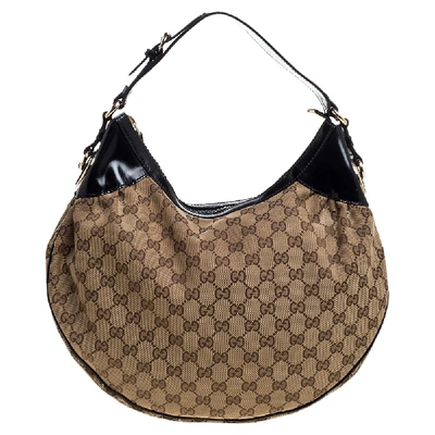 Pre-owned Gucci Beige/black Gg Canvas And Patent Leather Medium Full Moon Hobo