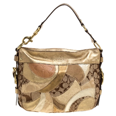 Pre-owned Coach Beige/metallic Signature Patched Canvas And Leather Hobo