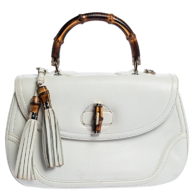 Pre-owned Gucci White Leather Large New Bamboo Tassel Top Handle Bag