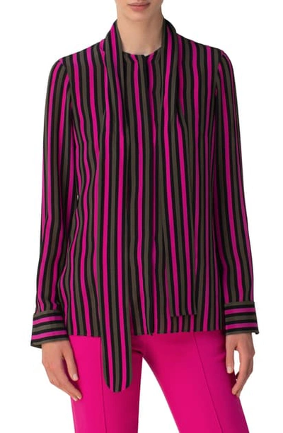 Shop Akris Punto Stripe Tie Neck Silk Blouse In Sencha-bamboo-neo Pink