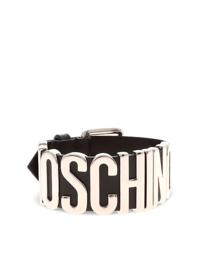 Shop Moschino Silver Buckle And Logo Bracelet In Black