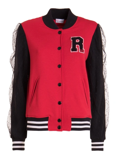 Shop Red Valentino Point Desprit Tulle Detailed Varsity Jacket In Red