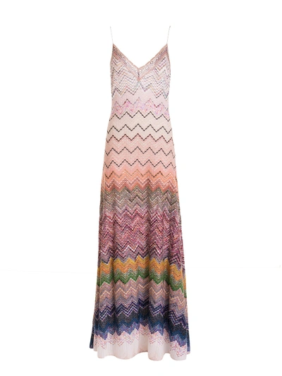 Shop Missoni Chevron Pattern Wool Blend Long Dress In Multicolour