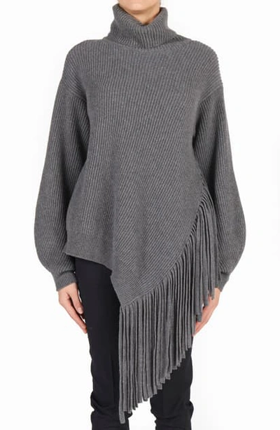 Shop Stella Mccartney Rib Asymmetrical Fringe Cashmere Sweater In Grey Melange