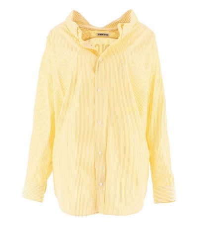 Shop Balenciaga Yellow Open Collar Striped Shirt