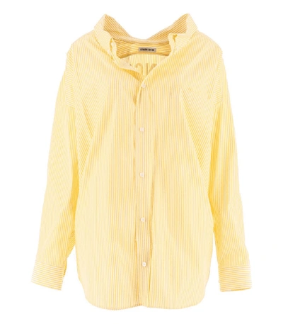Shop Balenciaga Yellow Open Collar Striped Shirt