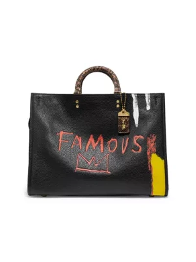Shop Coach X Basquiat Famous Snakeskin-trimmed Leather Tote In Black