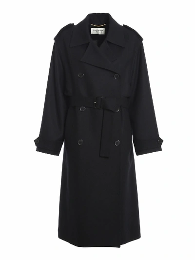 Shop Saint Laurent Wool Double-breasted Trench Coat In Black