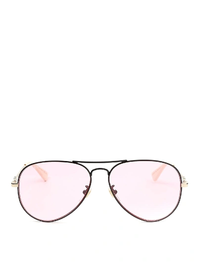 Shop Gucci Black Aviator Sunglasses With Pink Lenses