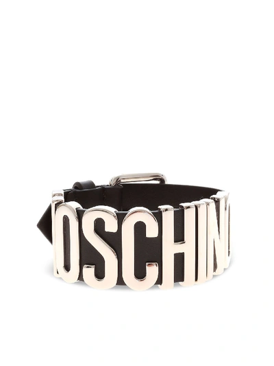 Shop Moschino Silver Buckle And Logo Bracelet In Black