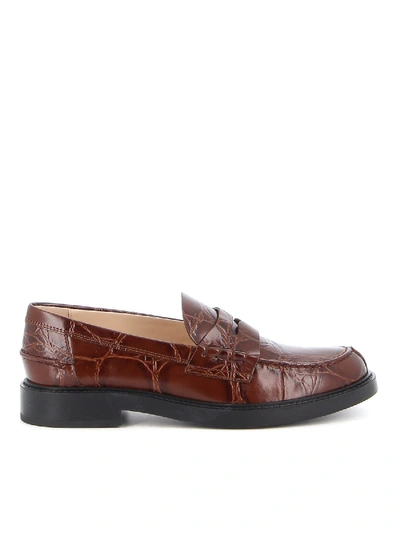 Shop Tod's Croco Print College Loafers In Brown