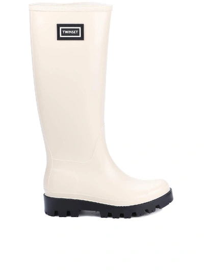 Shop Twinset Logo Patch Rain Boots In White In Cream