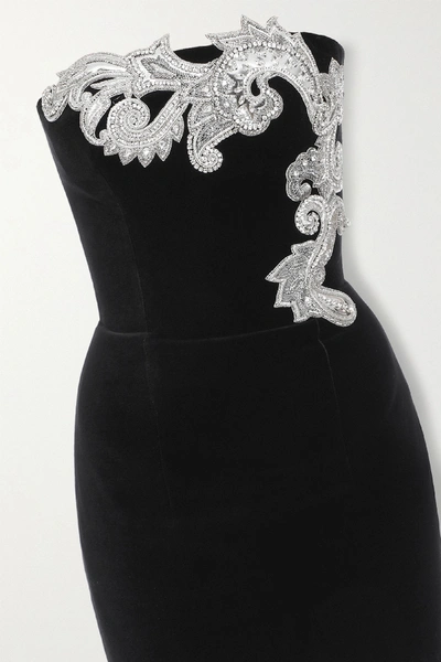 Shop Balmain Crystal-embellished Cotton-velvet Mini Dress In Black