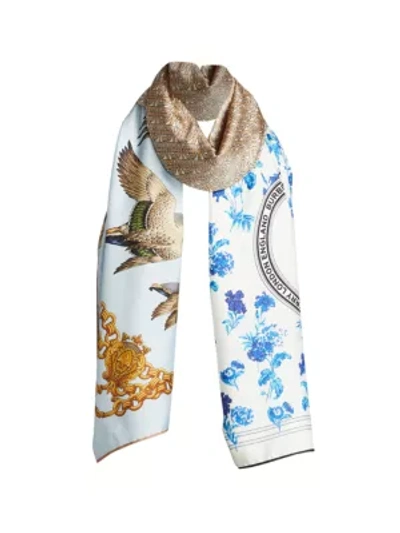 Shop Burberry Mallard Floral Silk Scarf In Pale Blue