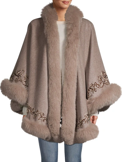 Shop Gorski Fox Fur-trim Embroidered Cashmere & Wool Poncho In Sand