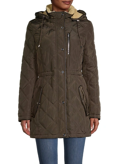 Shop Dkny Faux Fur-lined Quilted Coat In Loden