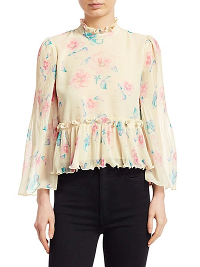 Shop Ganni Pleated Floral Georgette Shirt In Afterglow