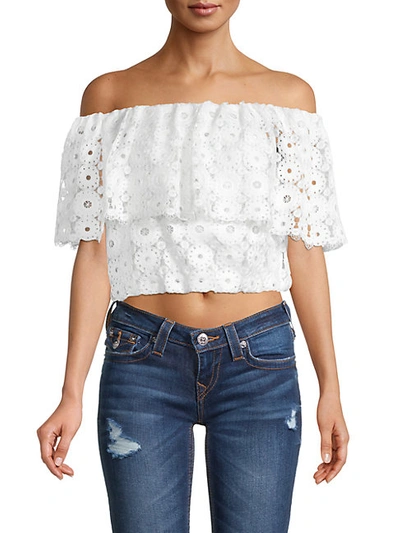Shop Trina Turk Terrace Off-the-shoulder Lace Cropped Top In White Wash