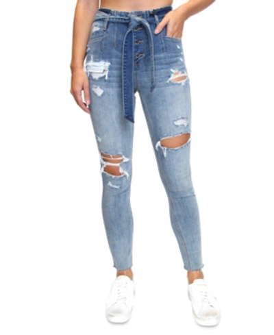 Shop Almost Famous Juniors' Destructed Belted Skinny Jeans In Medium Wash