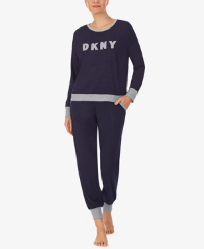 Shop Dkny Embroidered Logo Top & Jogger Pants Pajamas Set In Navy