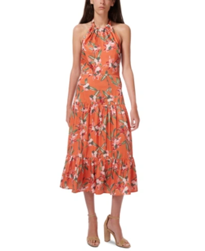 Shop Sam Edelman Halter Floral-print Tiered Midi Dress In Orange Multi