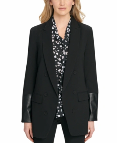 Shop Dkny Faux-leather-trim Blazer In Black