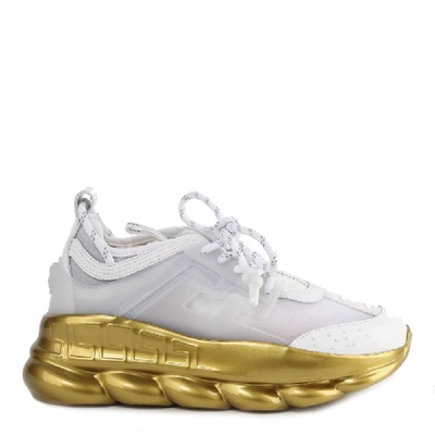 Shop Versace White Chain Reaction Sneakers With Gold Sole In White/gold