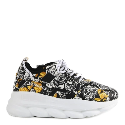 Shop Versace Baroque Chain Reaction Sneakers In Leather In Black/white/gold