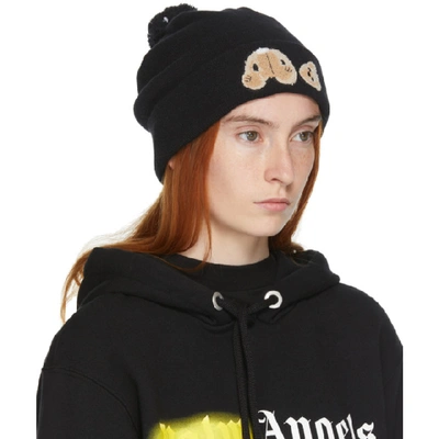 Shop Palm Angels Black Wool Bear Beanie In Black/brown