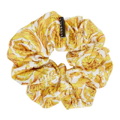 Shop Versace White & Gold Barocco Scrunchie In A7001 Wh