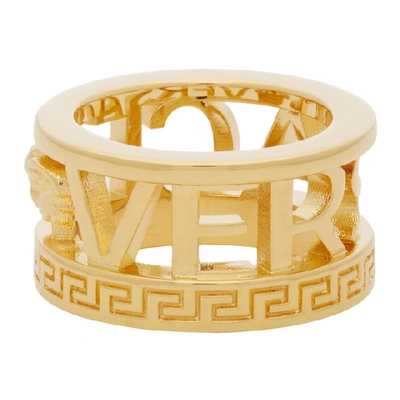 Shop Versace Gold Cut-out Logo Ring In D00h Gold