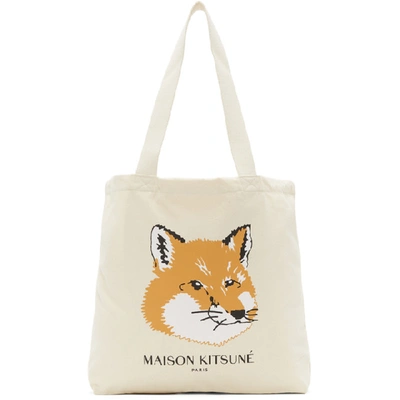 Shop Maison Kitsuné Maison Kitsune Off-white Fox Head Tote In Ecru