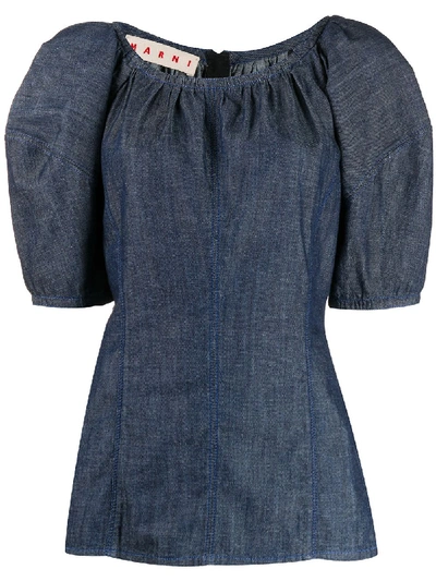 Shop Marni Puffed Sleeves Denim Blouse In Blue