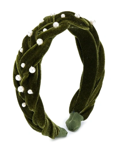 Shop Abel & Lula Pearl Velvet Hairband In Green