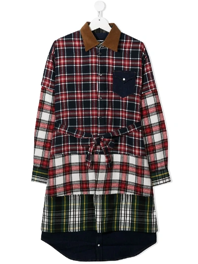 Shop Dsquared2 Teen Plaid Patchwork Shirt Dress In Red