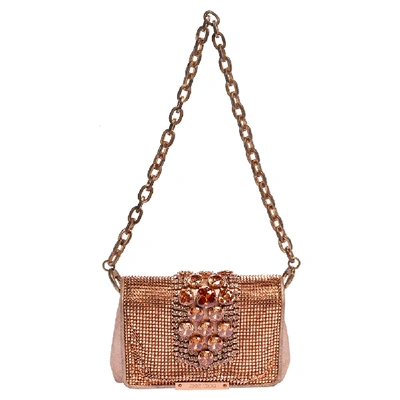 Pre-owned Jimmy Choo Rose Gold Leather And Metal Mesh Crystal Embellished Cecile Bag In Metallic